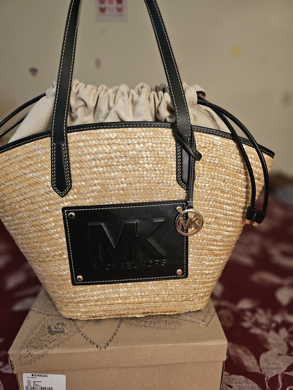Michael Kors Beige Straw Tote with Black Leather Trim